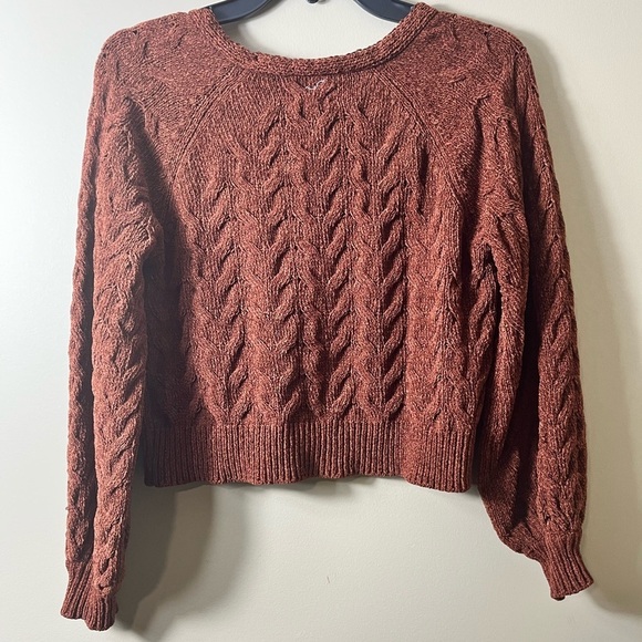 Hippie Rose Cropped V Neck Cable Knit Sweater Brown XS Cozy Fall Casual Winter - Picture 2 of 6